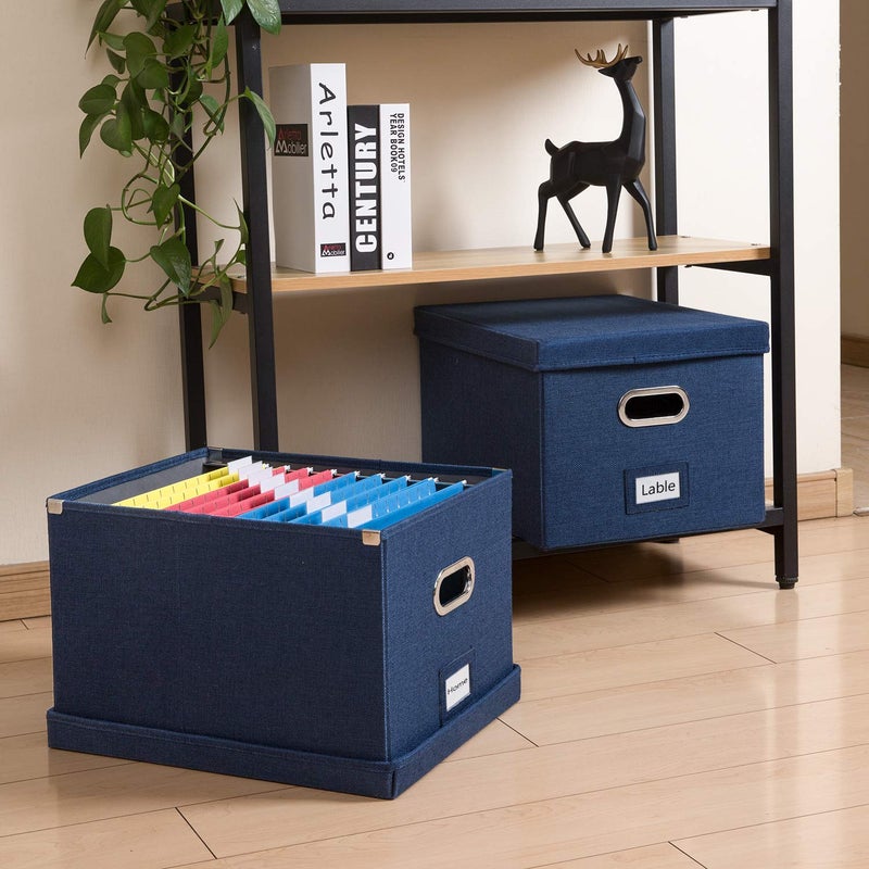 PRANDOM File Organizer Box - Set of 1 Collapsible Decorative Linen Filing Storage Hanging File Folders with Lids Office Cabinet Letter/Legal Size Navy Blue (17x14x11.2 inch) - Image 3